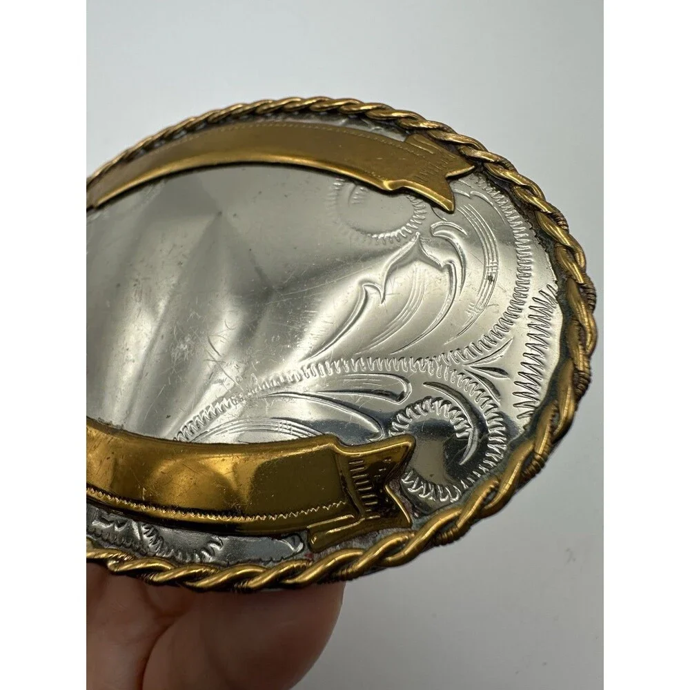 Vintage Western Cowboy Ornate Belt Buckle German Silver 2 Tone Oval - Picture 3 of 4